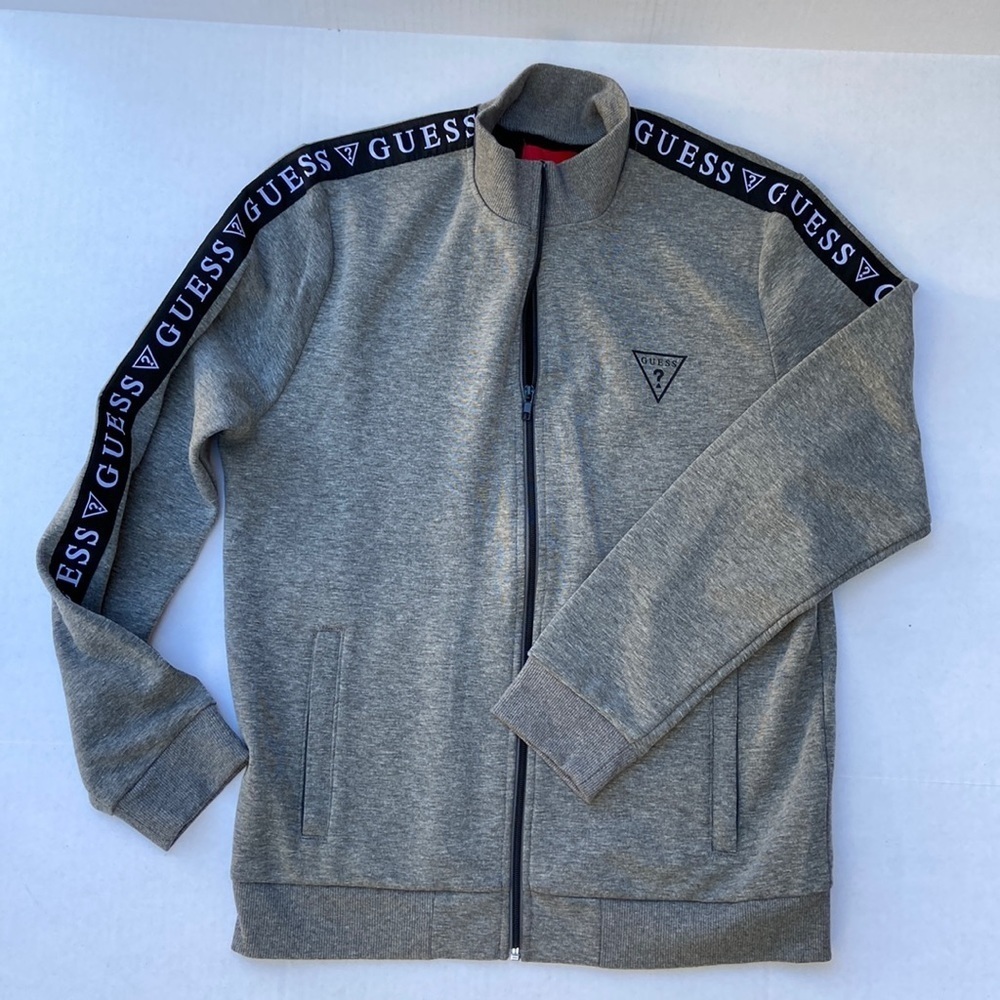 New GUESS Logo Tape Gray Zip up Jacket SZ M
